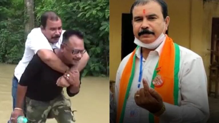 Assam floods Update : बीजेपी विधायक रेस्क्यू कर्मी की पीठ पर हुए सवार ।